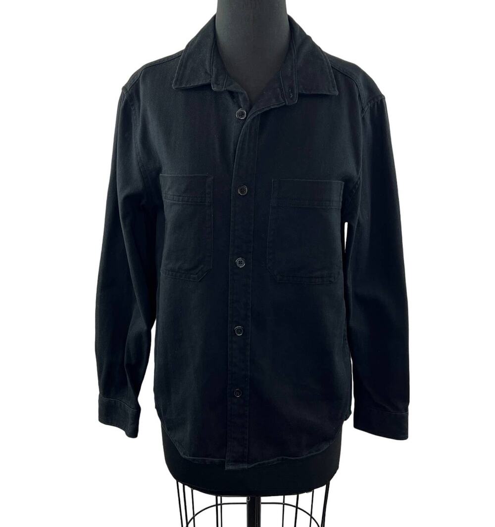 H&M Black S Shirt Cotton Button-Up Long Sleeve Pork Chop Pockets Regular Fit